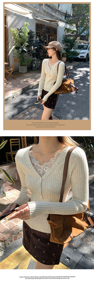 apricot V-neck lace Top