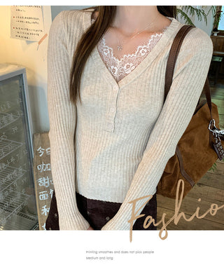 apricot V-neck lace Top