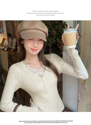apricot V-neck lace Top