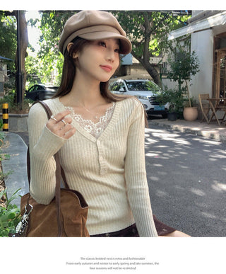 apricot V-neck lace Top