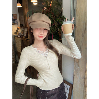 apricot V-neck lace Top