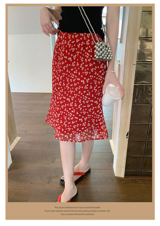 retro red floral skirt