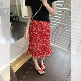 retro red floral skirt