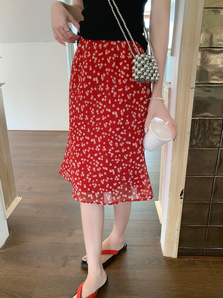 retro red floral skirt