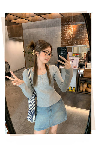 gray shoulder button Top