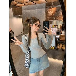 gray shoulder button Top