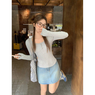 gray shoulder button Top