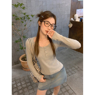 gray shoulder button Top