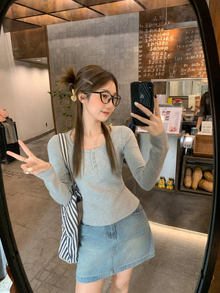 gray shoulder button Top