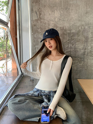 gray shoulder button Top