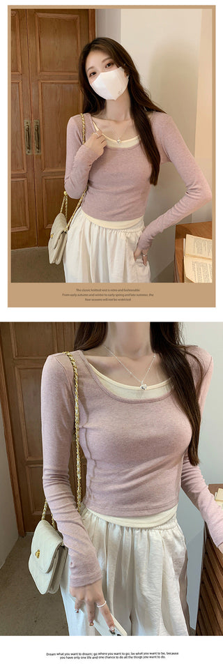 pink U-collar fake Top