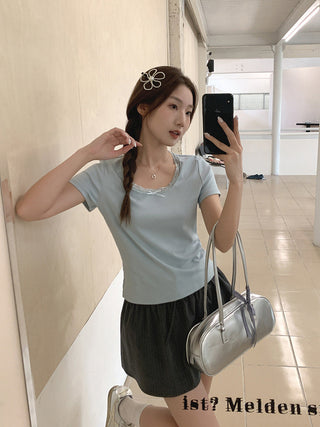 solid lace trim Top