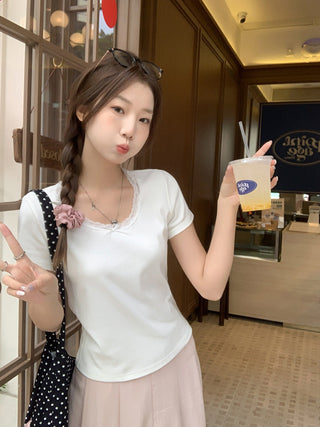 solid lace trim Top