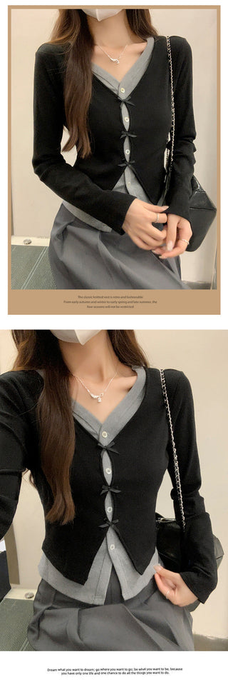 false two-piece patchwork cardigan