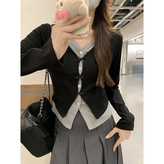 false two-piece patchwork cardigan