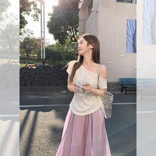 apricot diagonal pleated Top