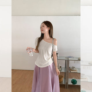 apricot diagonal pleated Top
