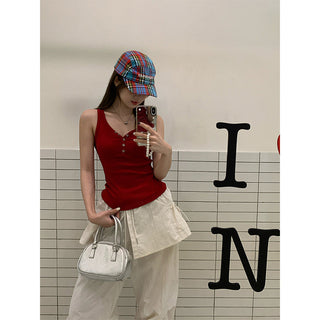 red V-neck button Top