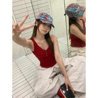 red V-neck button Top