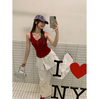 red V-neck button Top