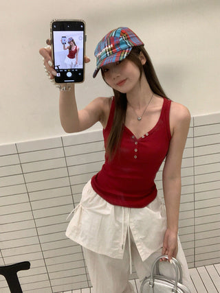 red V-neck button Top