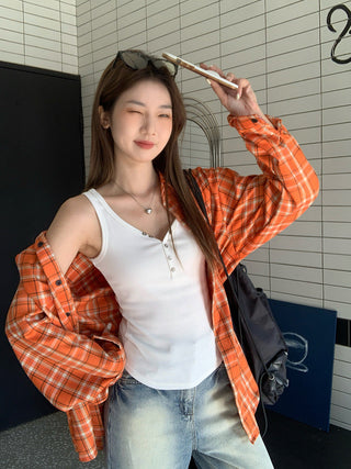 red V-neck button Top