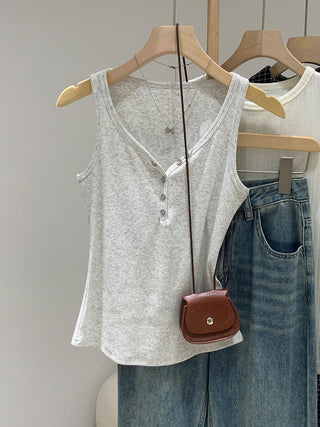 red V-neck button Top