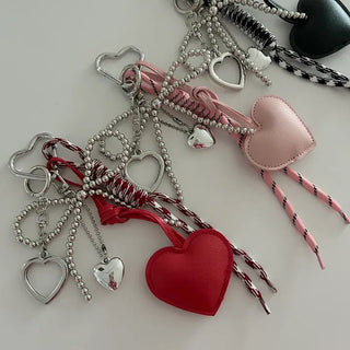 Leather Heart Charm Rope Ribbon Set Bag Keyring