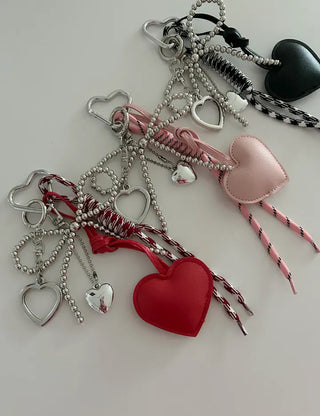 Leather Heart Charm Rope Ribbon Set Bag Keyring