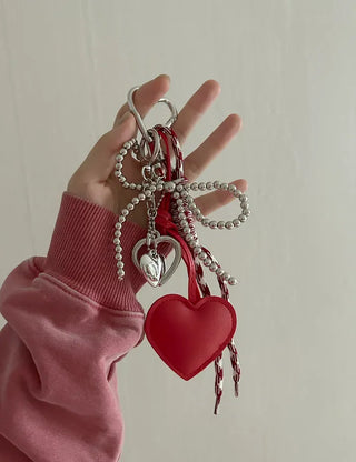 Leather Heart Charm Rope Ribbon Set Bag Keyring