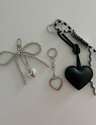 Leather Heart Charm Rope Ribbon Set Bag Keyring