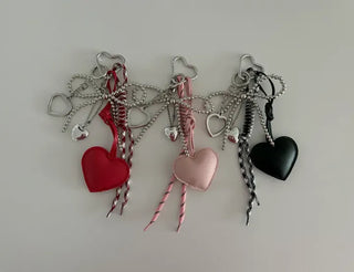 Leather Heart Charm Rope Ribbon Set Bag Keyring