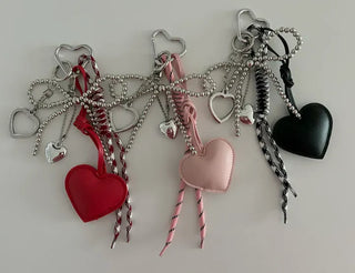 Leather Heart Charm Rope Ribbon Set Bag Keyring