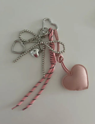 Leather Heart Charm Rope Ribbon Set Bag Keyring
