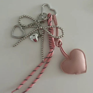 Leather Heart Charm Rope Ribbon Set Bag Keyring