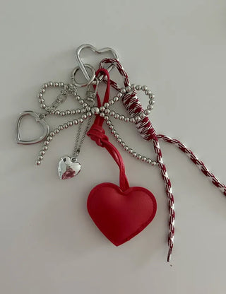 Leather Heart Charm Rope Ribbon Set Bag Keyring