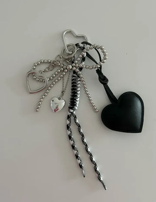 Leather Heart Charm Rope Ribbon Set Bag Keyring