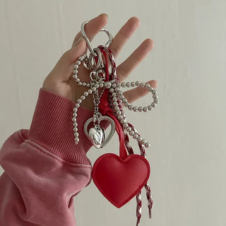 Leather Heart Charm Rope Ribbon Set Bag Keyring