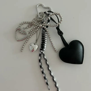 Leather Heart Charm Rope Ribbon Set Bag Keyring