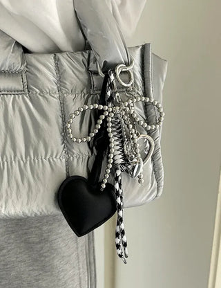 Leather Heart Charm Rope Ribbon Set Bag Keyring