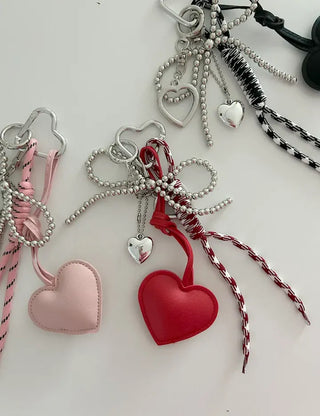 Leather Heart Charm Rope Ribbon Set Bag Keyring