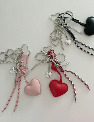Leather Heart Charm Rope Ribbon Set Bag Keyring
