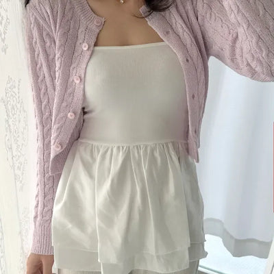 Cable knit semi-cropped round neck cardigan
