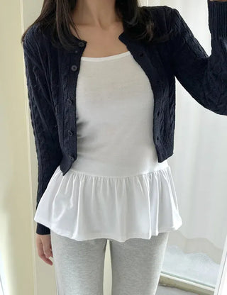 Cable knit semi-cropped round neck cardigan