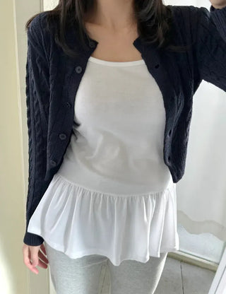 Cable knit semi-cropped round neck cardigan