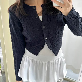 Cable knit semi-cropped round neck cardigan