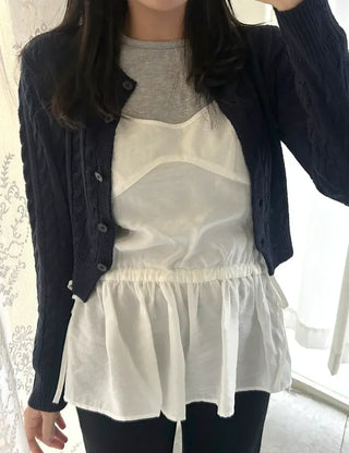 Cable knit semi-cropped round neck cardigan