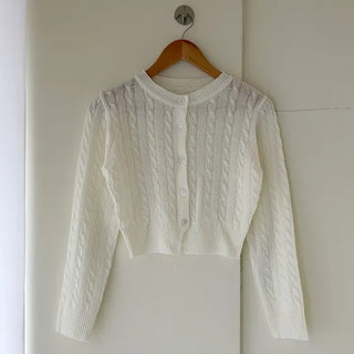 Cable knit semi-cropped round neck cardigan