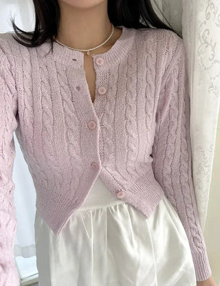 Cable knit semi-cropped round neck cardigan