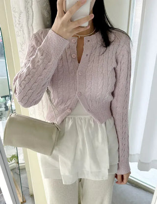 Cable knit semi-cropped round neck cardigan